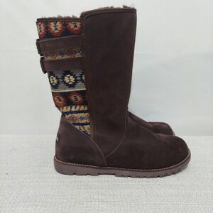 Lamo Malanie Women's Faux‎ Fur Lined Suede Aztec Tapestry Print Zip Sz 8 EW1738
